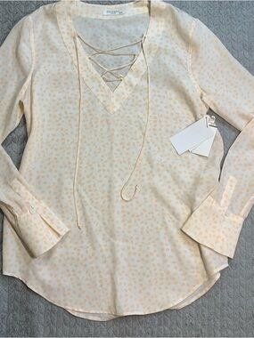 Equipment Cream Lace-Up V-Neck Blouse with Subtle Peach Leaf Print